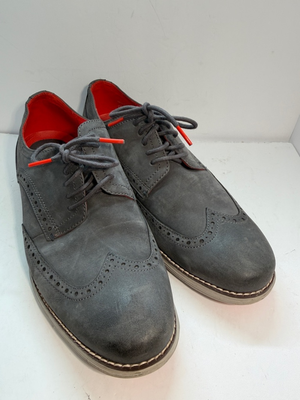 Cole Haan Gray Suede Wingtip Oxfords with Red Interior